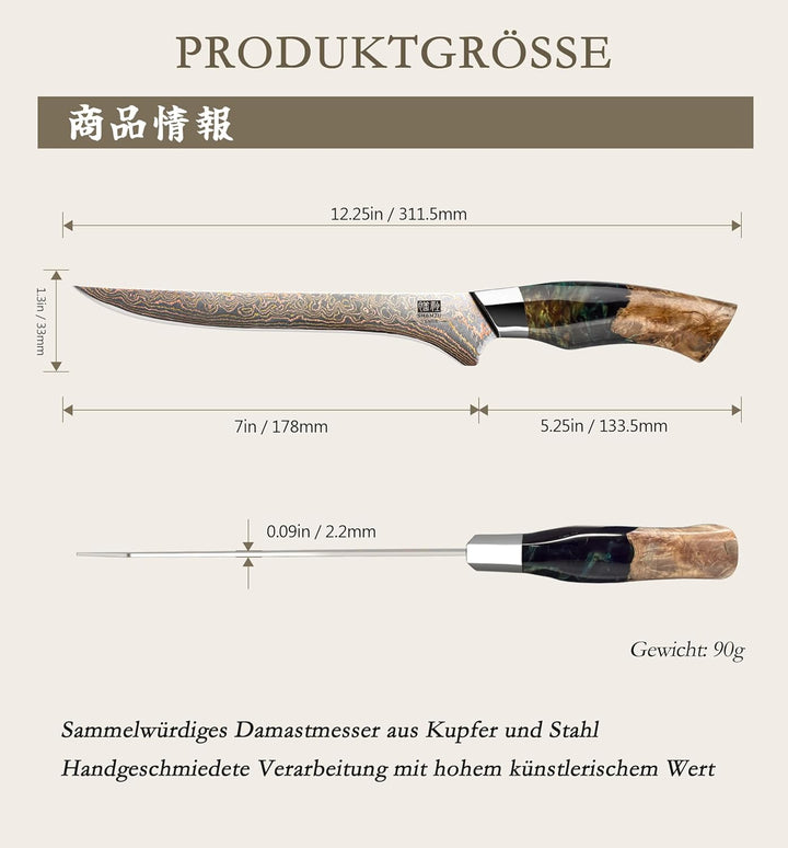 SHAN ZU Japanisches Ausbeinmesser 7 Zoll – 33 Lagen Kupfer &amp; Damaststahl Profi Filetiermesser Für Fi