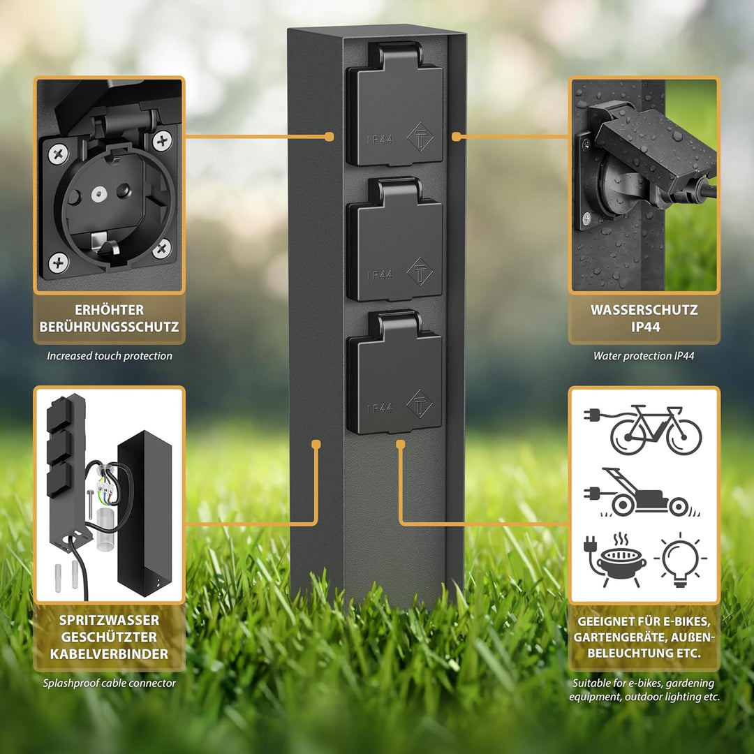 ledscom.de Garten-Steckdosen-Säule POMI mit Erdspiess für aussen, IP44, 3-Fach, anthrazit, eckig, 33