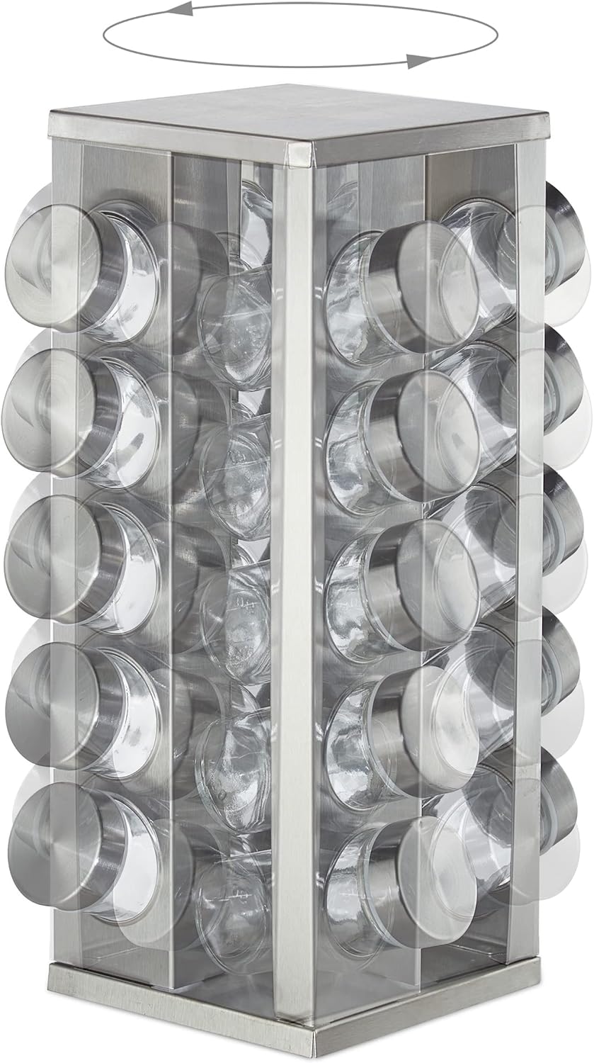 Relaxdays Gewürzkarussell mit 20 Gewürzgläsern, 360° drehbar, Edelstahl, Glas, HxD 33 x 20 cm, Gewür
