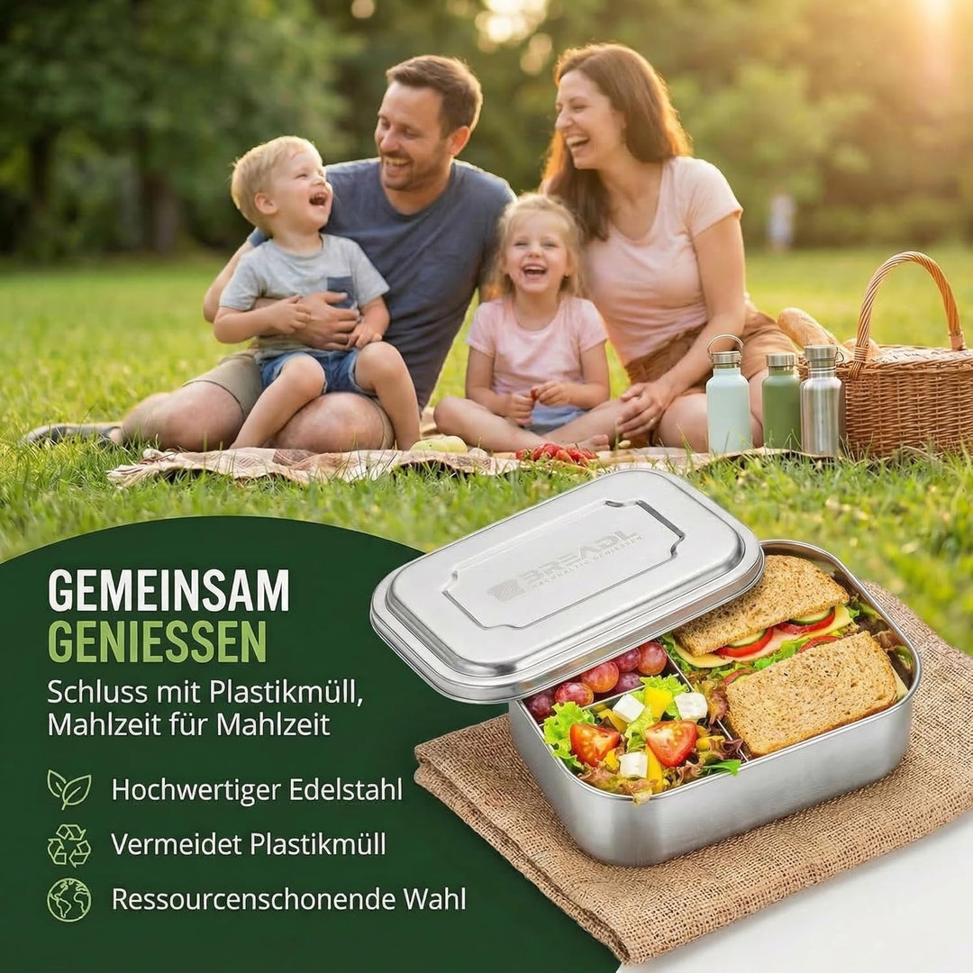 Edelstahl Brotdose, Feste Trennwand und 3 Fächer, Plastikfrei, Rostfrei, Spülmaschinengeeignet, Gros