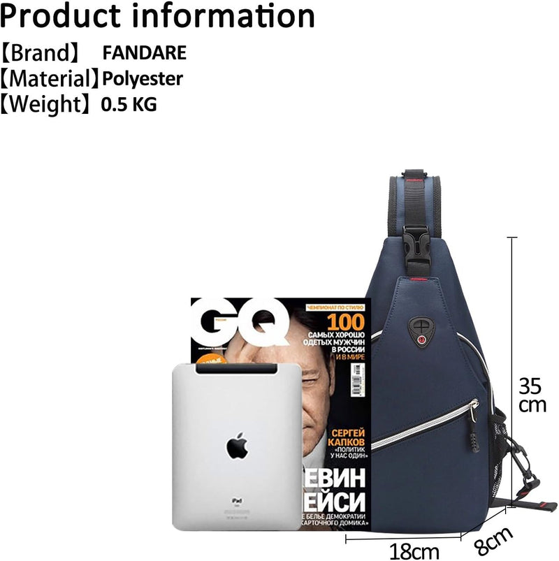 FANDARE Unisex Brusttasche Sling Bag Ultralight Daypacks Crossover Rucksack mit USB-Ladeanschluss Um
