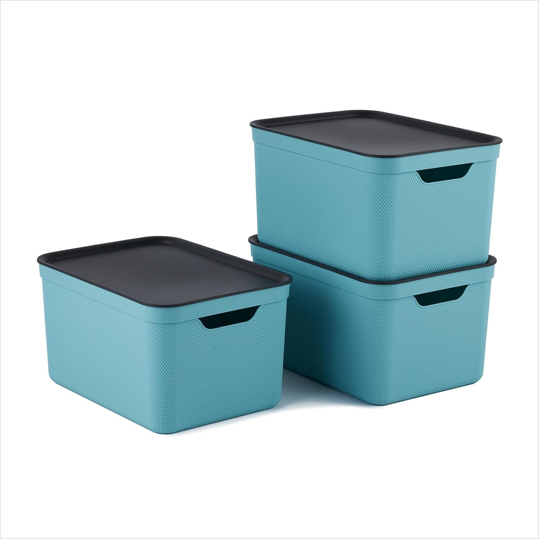 Jive Dekobox 3er-Set Aufbewahrungsbox 16l mit Deckel, Kunststoff (PP recycelt), türkis/anthrazit, 3x