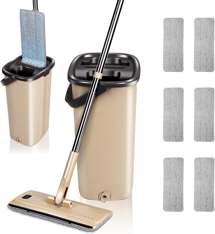 Masthome Wischmopp Set mit Eimer, Mikrofaser Bodenwischer Set mit Einstellbar Edelstahlgriff, 6 Mopp