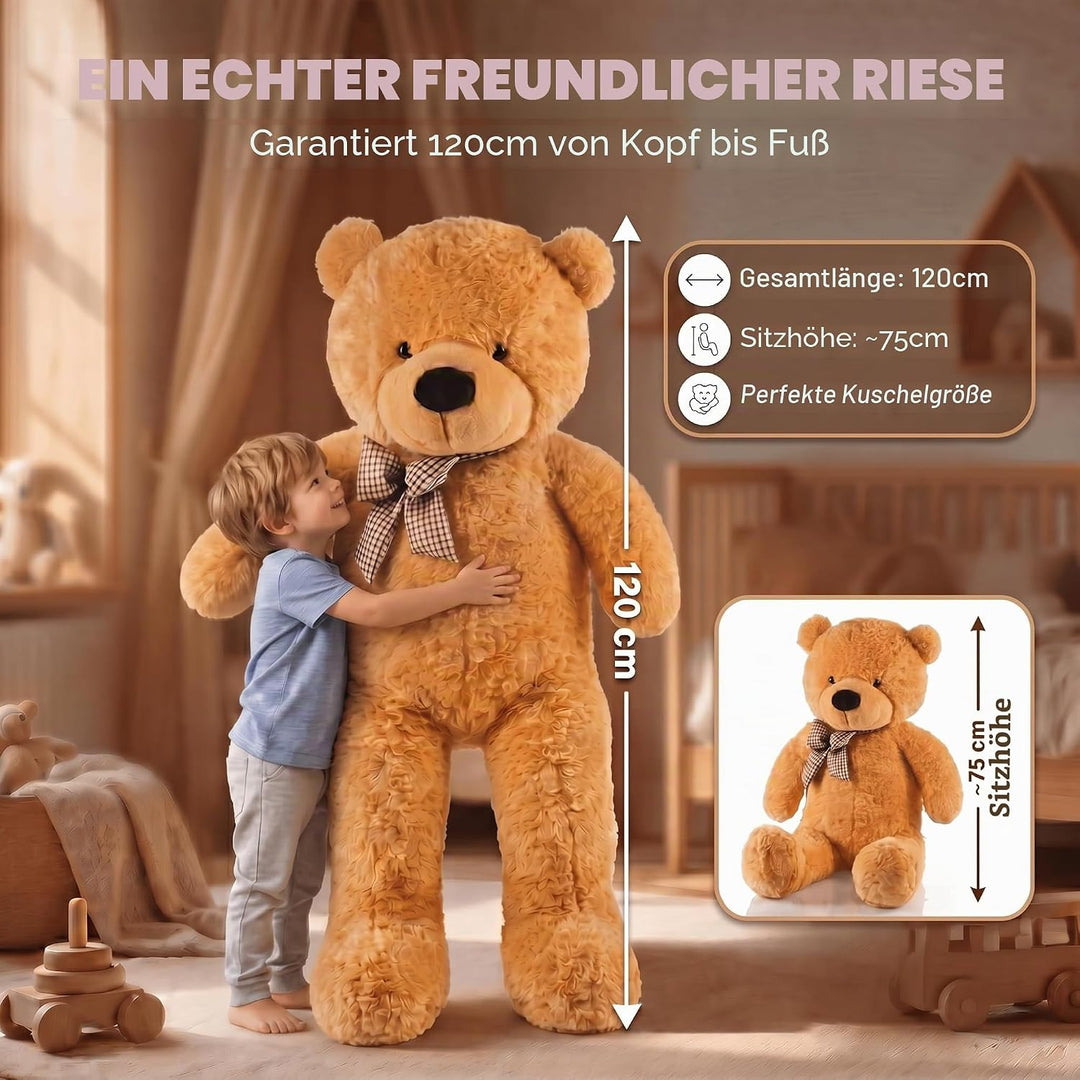 Feluna Riesen Teddybär XXL Kuschelbär 120 cm gross Plüschbär - Original Teddy Bär mit Schleife Hellb