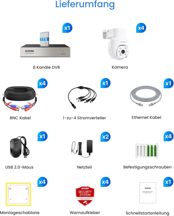 ZOSI Kabelgebunden 2MP PTZ Überwachungskamera Aussen Set mit Audio, 8CH 5MP 1TB DVR, KI Personen-/Au