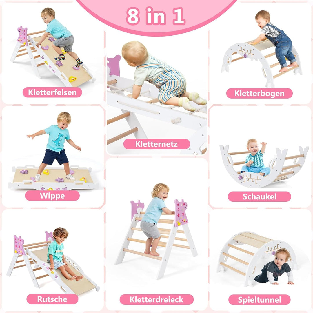 COSTWAY Klettergerüst Indoor 4er Set, klappabres Kletterdreieck mit Rutsche, Kletterbogen, Netz, ink