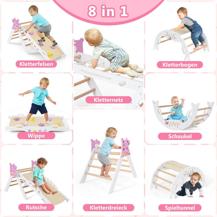 COSTWAY Klettergerüst Indoor 4er Set, klappabres Kletterdreieck mit Rutsche, Kletterbogen, Netz, ink
