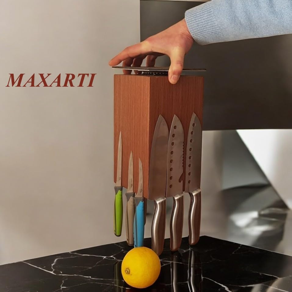 MAXARTI - 360° Drehbarer Magnetischer Messerblock (360° Walnuss 13x13cm) Magnetisch Messerhalter aus