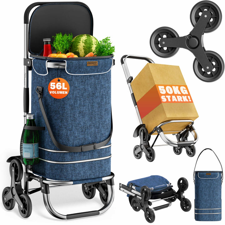 MONZANA® 2in1 Einkaufstrolley 38 L Klappbar Abnehmbare Tasche 6 Rollen Tragegurt Treppensteiger Eink