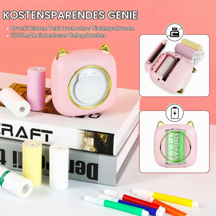 GuKKK Mini Drucker, Mobiler Fotodrucker, Tragbarer 7 Farben LED, Wireless Thermodrucker, 10 Rollen D