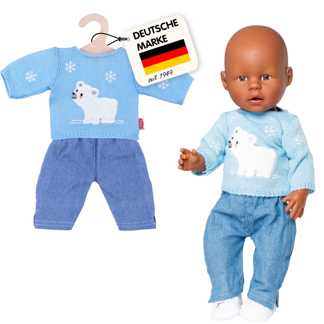 Heless 1934 - Bekleidungs-Set für Puppen, 2 teilig, Pullover Eisbär mit Jeans, hellblau, Grösse 28 -