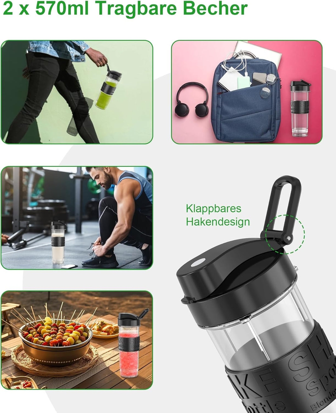 Mixer, Smoothie Maker, 500W Mini Standmixer mit 2x570ml Tritan BPA Freier Flasche, Tragbarer Edelsta