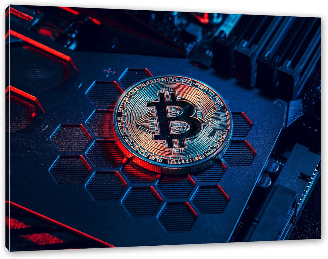 Pixxprint Bitcoin BTC auf Computerchip als Leinwandbild | Grösse: 120x80 cm | Wandbild | Kunstdruck