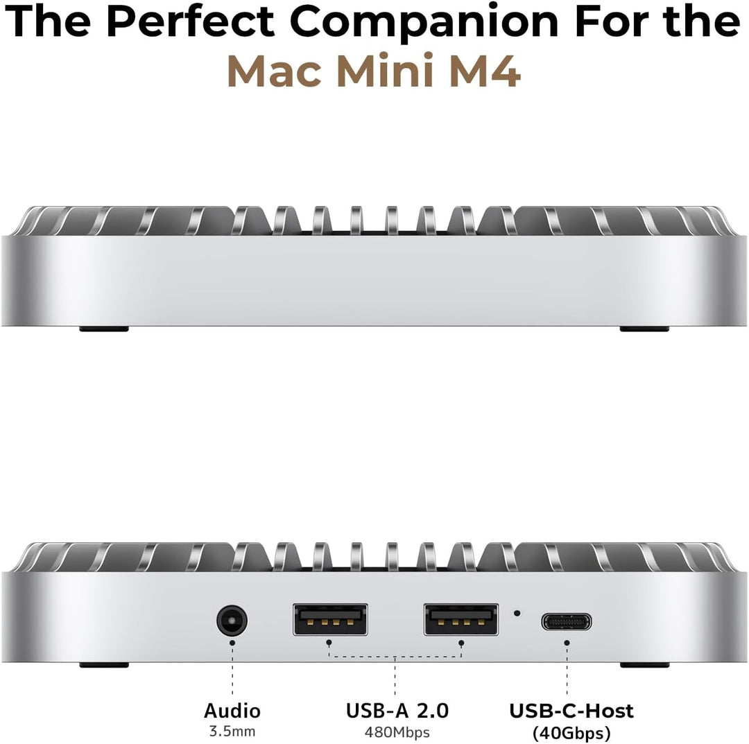 Aluminium Hub & Stand for the M4/M4 Pro Mac mini (2024) with 40Gbps NVMe/M.2 SSD Housing, 2X USB-A,