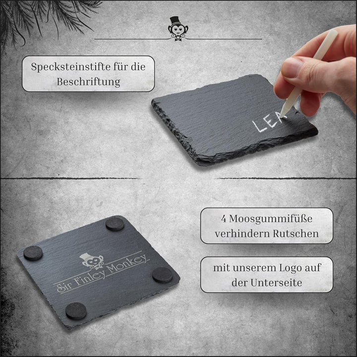 Schiefer Untersetzer Set - 8 Glasuntersetzer eckig mit Halter - Schieferplatte 10x10 cm schwarz für