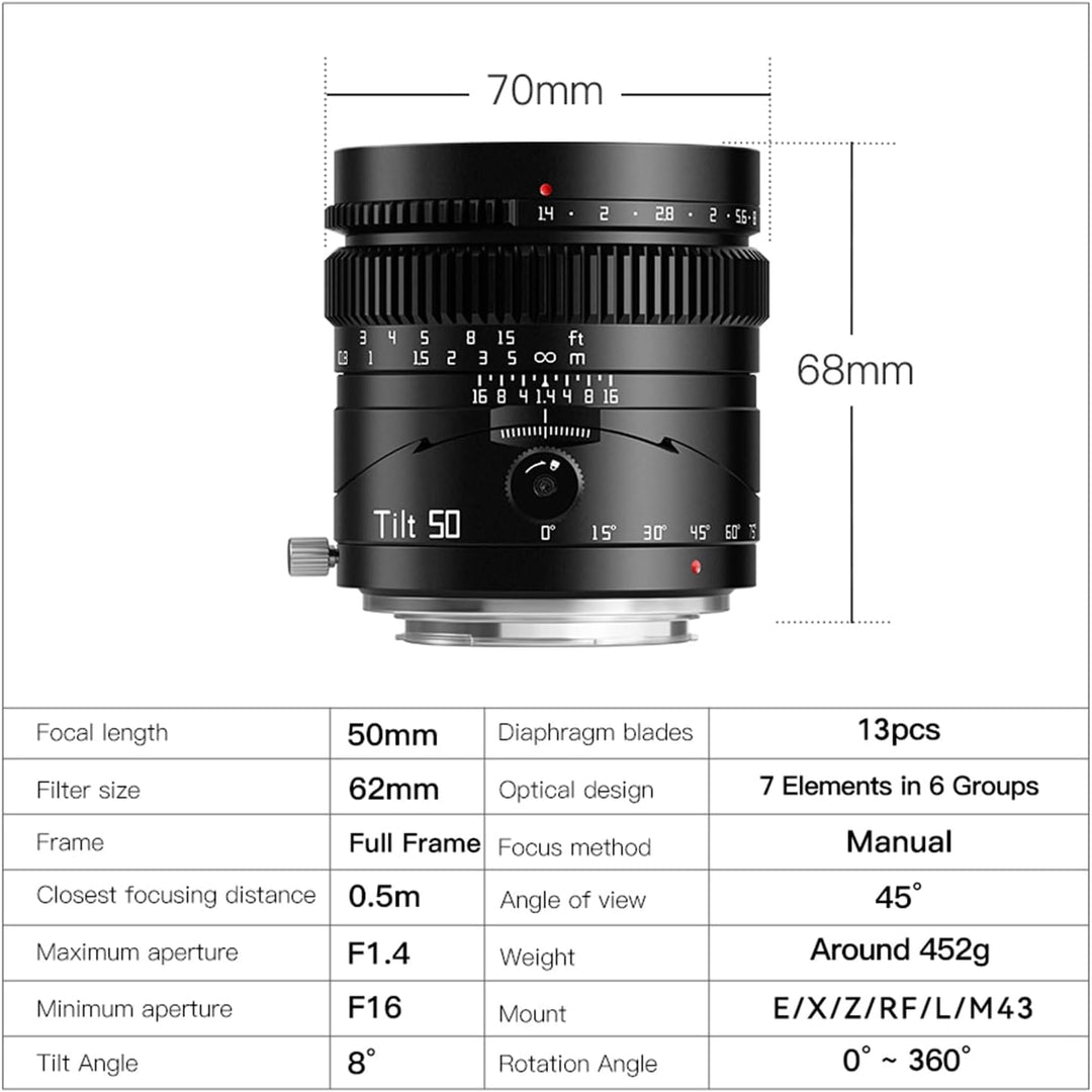 TTARTISAN Neigbare 50 mm f1.4 Objektiv, Vollbild, manueller Fokus, Porträt-Objektive, grosse Blende,