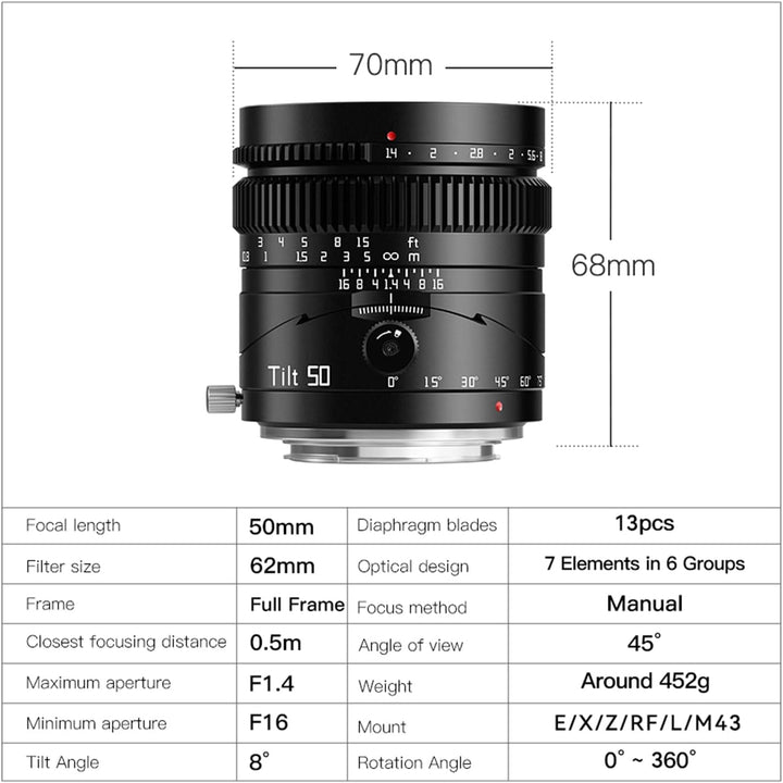 TTARTISAN Neigbare 50 mm f1.4 Objektiv, Vollbild, manueller Fokus, Porträt-Objektive, grosse Blende,