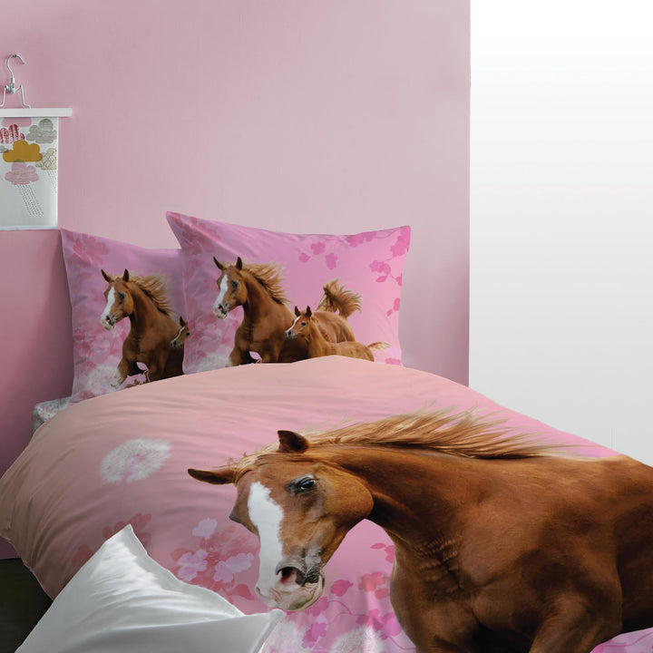Matt&amp;Rose Wendebettwäsche 135x200 cm 80x80 cm 100% Baumwolle Pferd rosa mit Blumen