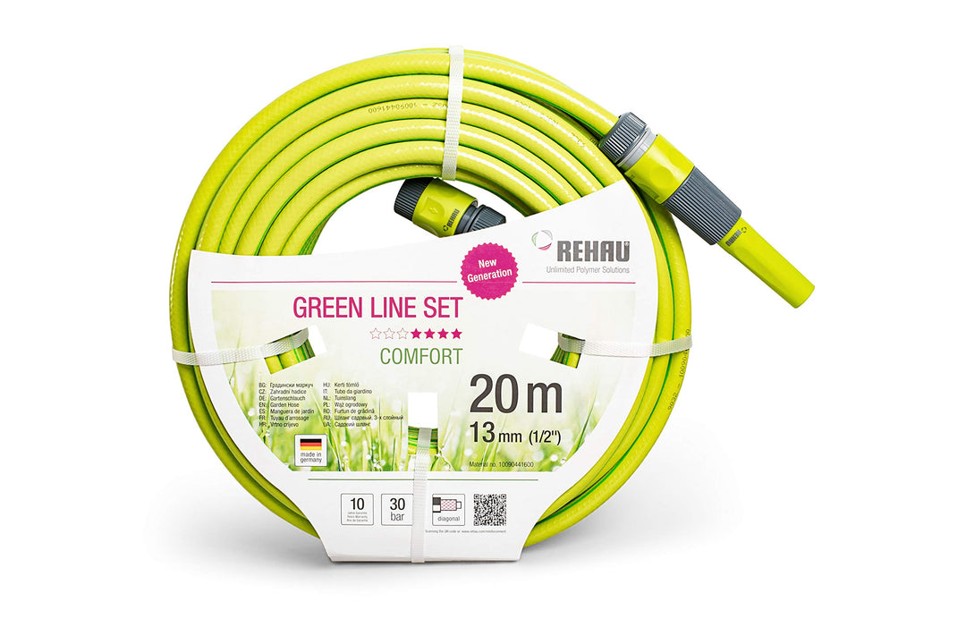 REHAU Gartenschlauch Green LINE 1/2 Zoll 20m mit Armaturen: leuchtendes grün, flexibel + druckfest +