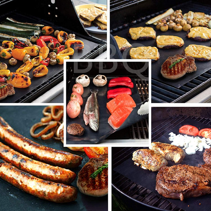 BBQ Grillmatte Set von 5er Set + 2 Grill Bürste Antihaftbeschichtung für bis 600 Grad 100% nicht Sti