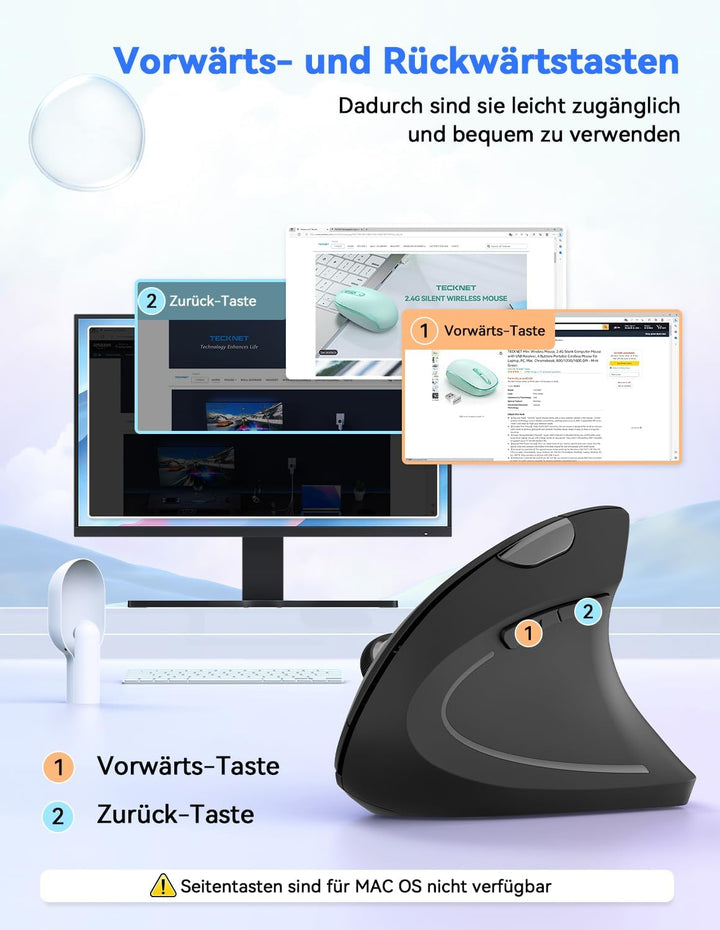 TECKNET Wireless Vertikale Ergonomische Maus, 4800 DPI 6 Tasten Kabellose Optische Maus, 2.4G USB Ve