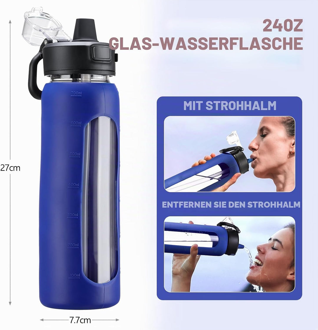 BLUEGO 700ml Trinkflasche Glas mit Strohhalm und Griff Auslaufsichere Wasserflasche mit Silikonhülle