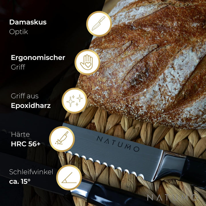 NATUMO Küchenmesser Set 9-teilig. HRC 56+ scharfes Messerset Profi in Damast-Optik aus Allzweckmesse