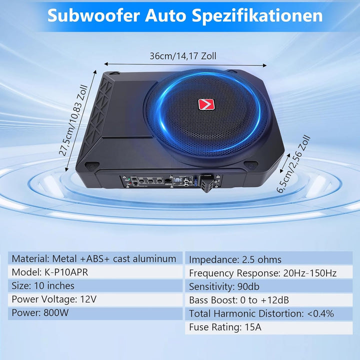 VINGVO Subwoofer Auto,10Zoll 800W Aktiv Subwoofer Für Auto,2.6 Ohm Ultra Flach Untersitz Subwoofer A