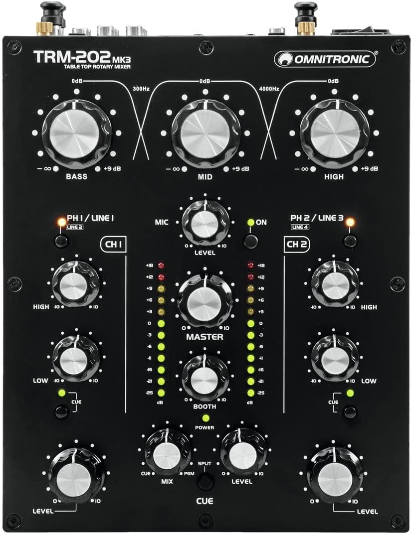 OMNITRONIC TRM-202 MK3 2-Kanal Rotary-Mixer mit 3-Band-Frequenzisolator | Gainregler, 2-Band-Equaliz