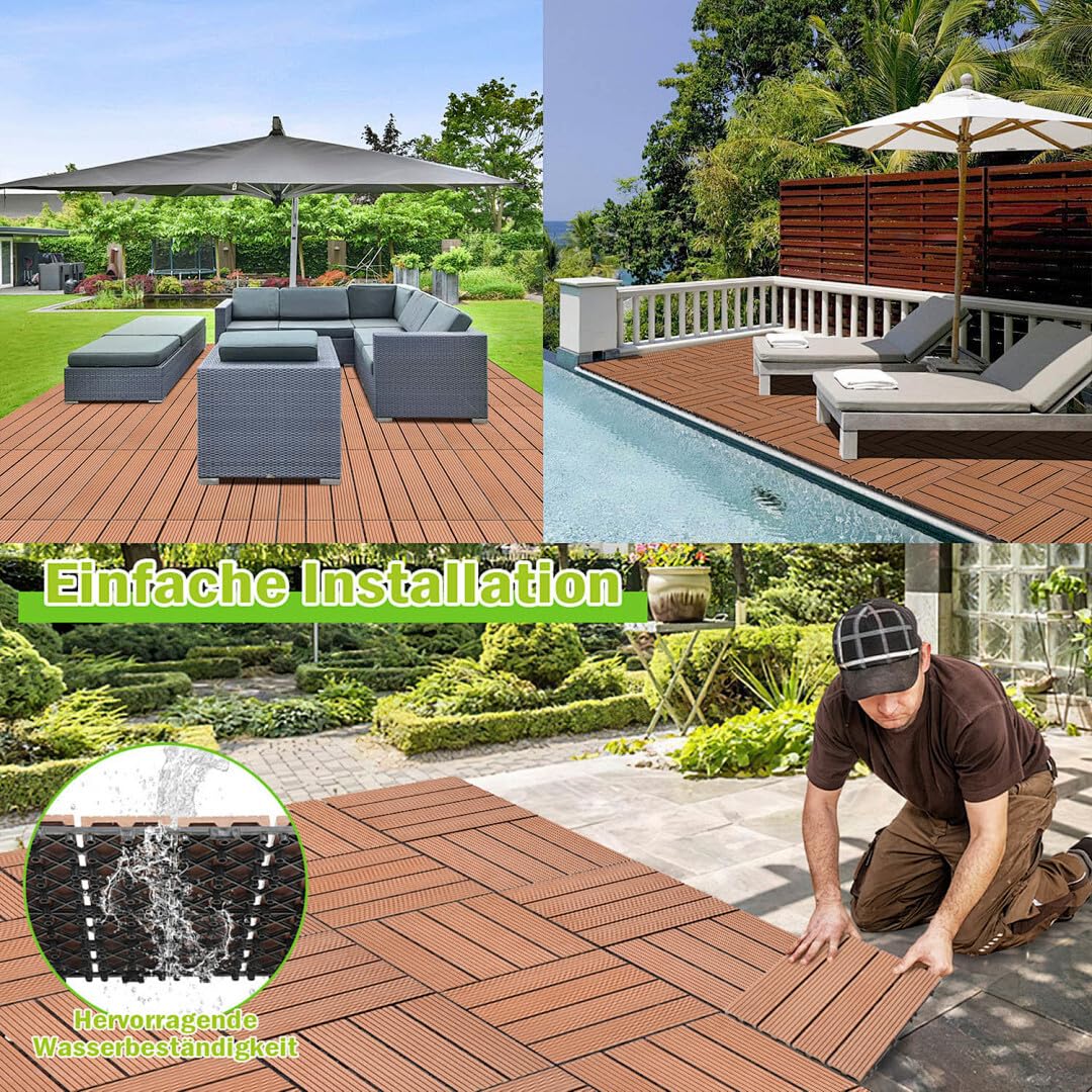Gimisgu WPC Terrassenfliesen Holzoptik, Balkonfliesen Klicksystem Terrassendielen Klickfliese Kunsts