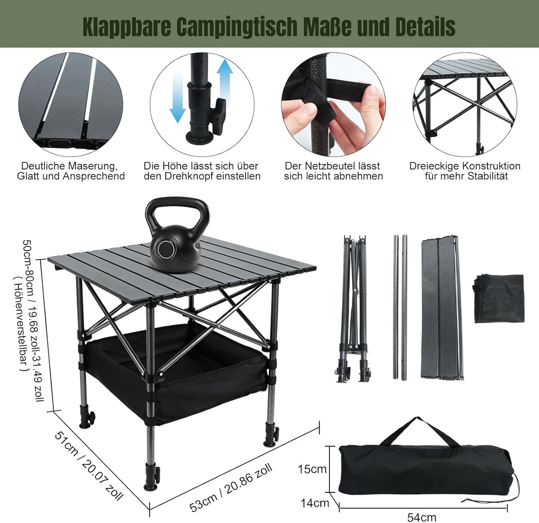 Campingtisch Klappbar, Klapptisch Höhenverstellbar, 53x51cm Camping Falttisch mit Ablagenetz, Tasche