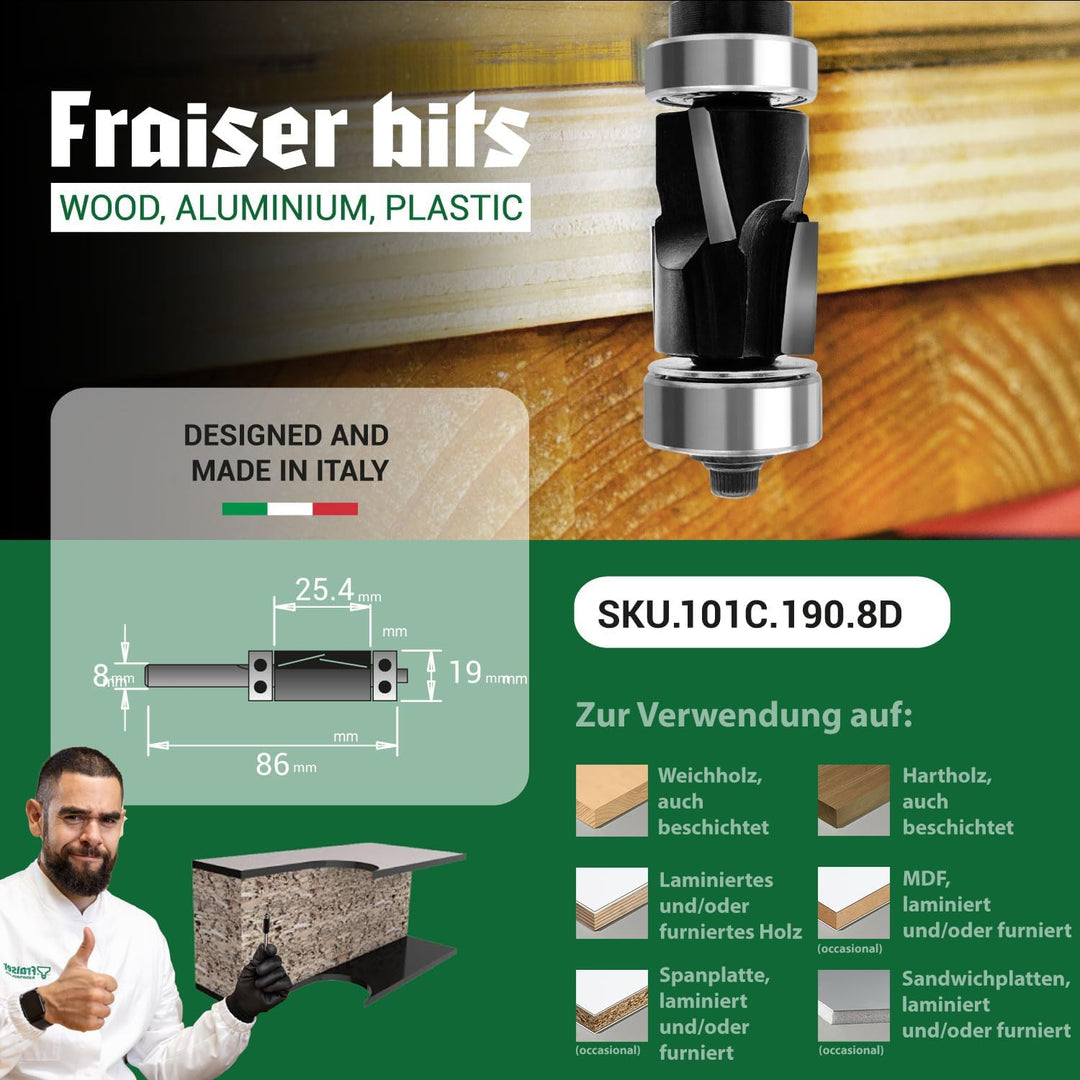 Fraiser® Bündigfräser besäumfräser mit 8 mm oberlager für holz, derivate - und laminatkanten für han