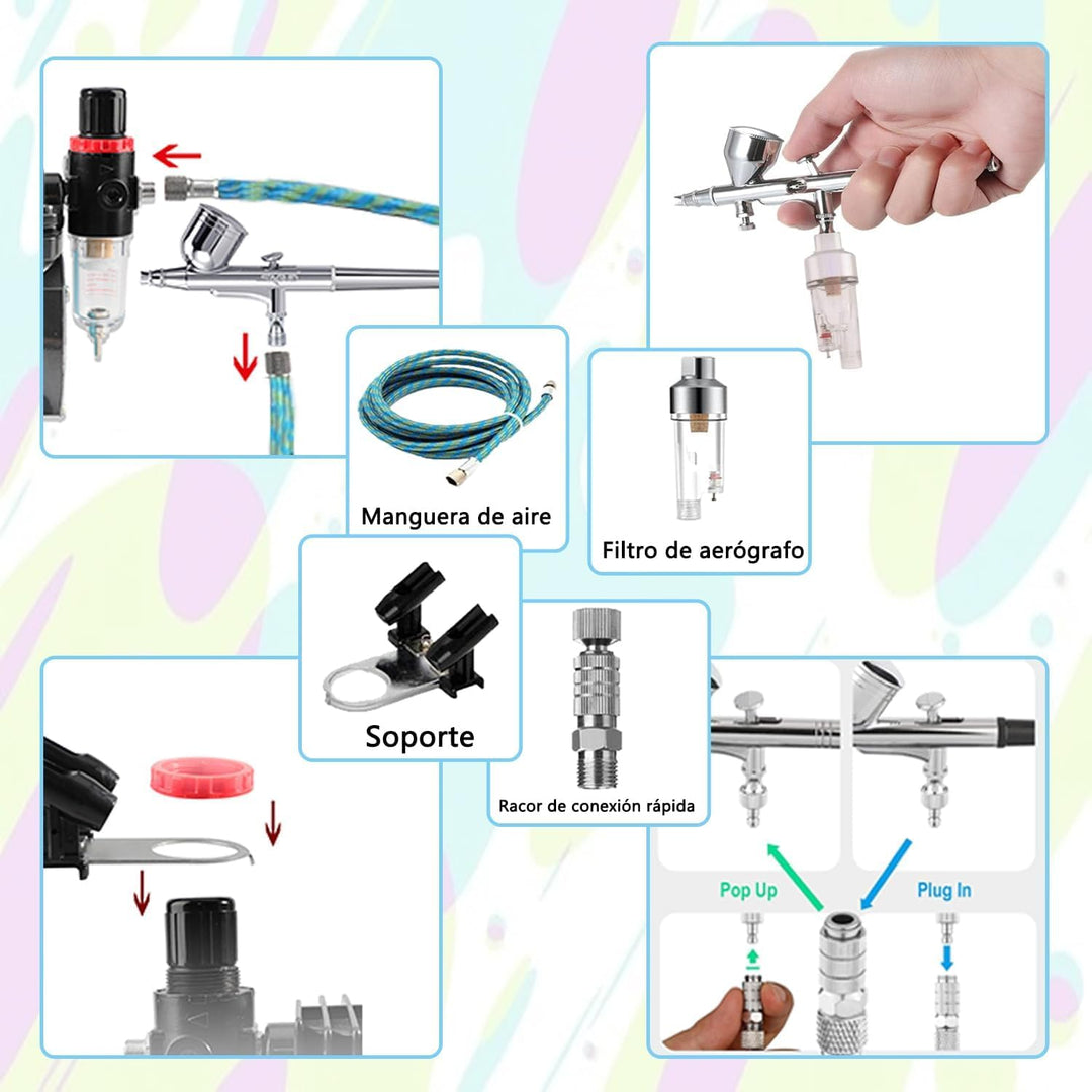ABEST Airbrush Kompressor-Kit: Luftschlauch, Airbrush-Halter, Minifilter, Double-Action-Mechanismus