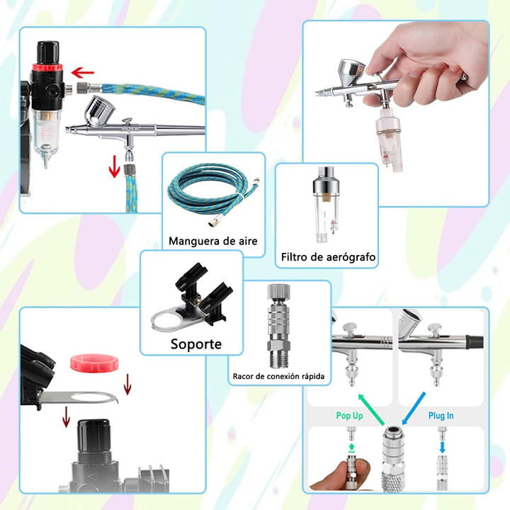 ABEST Airbrush Kompressor-Kit: Luftschlauch, Airbrush-Halter, Minifilter, Double-Action-Mechanismus