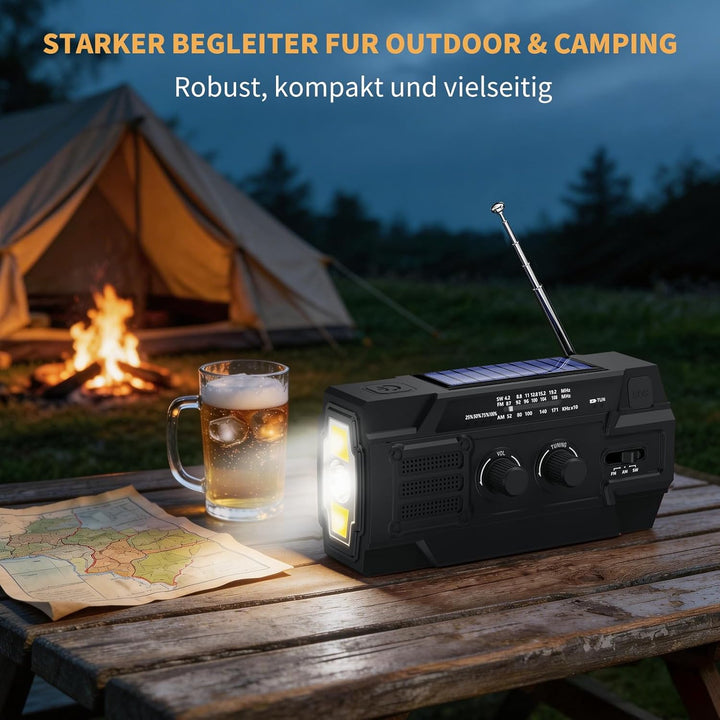 Kurbelradio 4000mAh Notfallradio mit Solar, Bewegungsempfindlicher Radio mit kurbel AM/FM/SW,LED-Tas