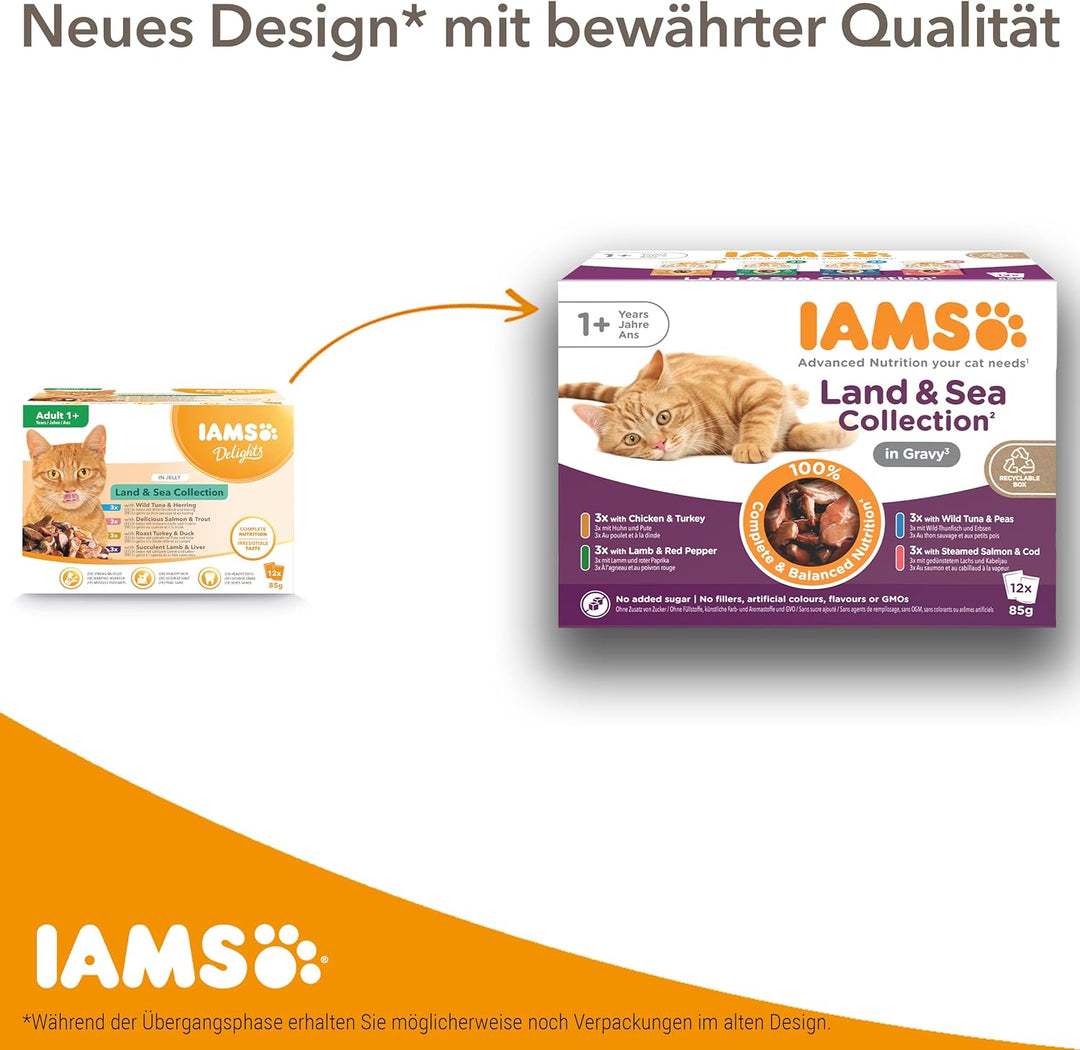 IAMS Delights Land & Sea Collection Katzenfutter Nass - Multipack mit Fleisch und Fisch Sorten in Sa