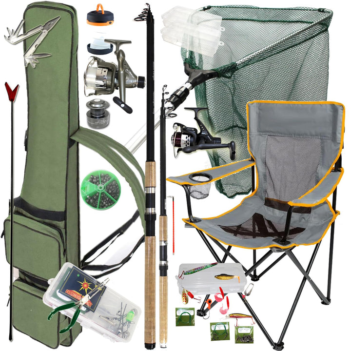 Vario Angelset Komplett Set Profi Forelle | 2x Rute 2x Rolle Spinnrolle Angelstuhl Angelbox Köder fü