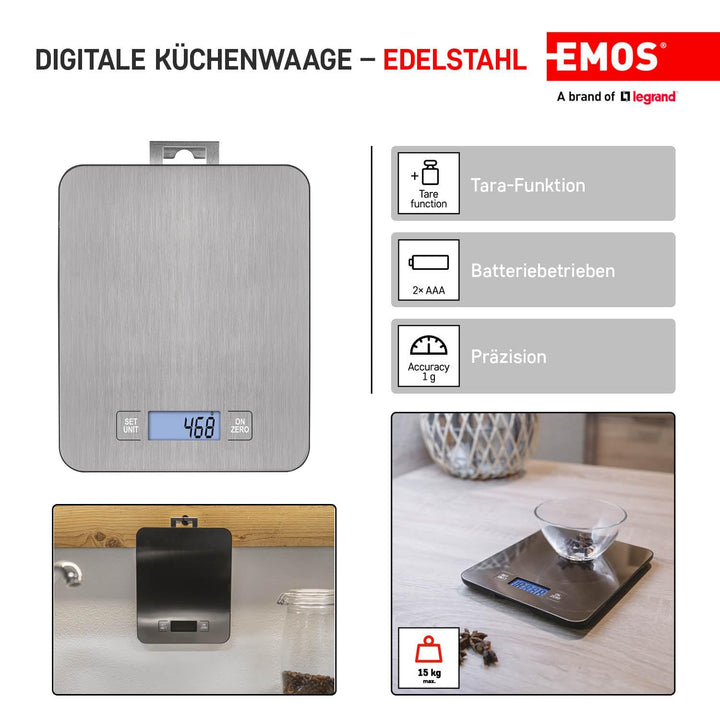 EMOS EV023 Küchenwaage aus Edelstahl mit Wandaufhängung/Digitalwaage mit beleuchtetem LCD Display/Ta