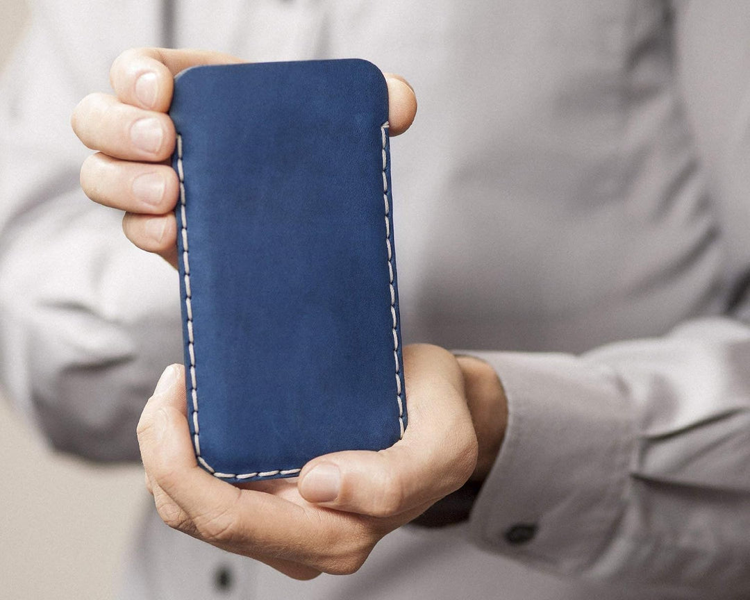 Blaues Leder Hülle für iPhone 15 PRO MAX, Handgenähtes Etui