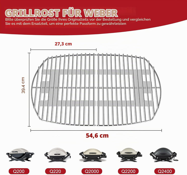 7645 Cooking Grate for Weber Q200 Q220 Q260 Q2000 Q2200 Q2400 Gas Grills, 54.6 x 38.8 cm Stainless S