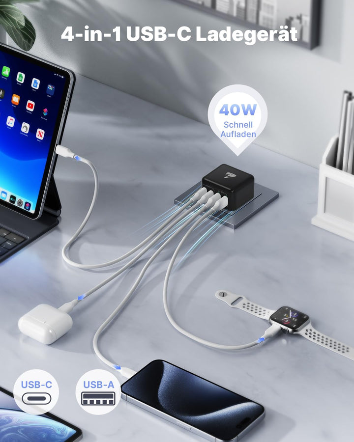 USB Ladegerät, 40W 4-Port USB C Ladegerät iPhone 15 Schnellladeblock USB C Adapter Dual Port PD+QC W