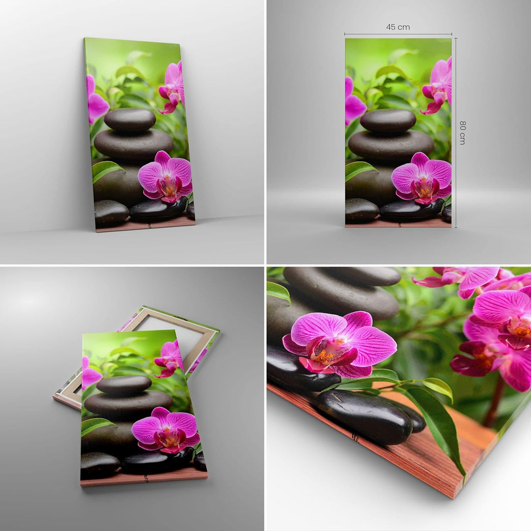 Bilder auf Leinwand Blumen Steine Bambus Dekoration Leinwandbild mit Rahmen 45x80cm Wandbilder Dekor