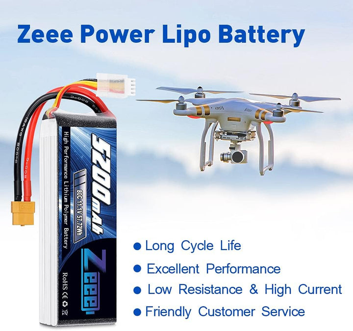 Zeee 3S LiPo Akku 5200mAh 11,1V 80C mit XT60 Steck für RC Auto, RC Flugzeug, RC Hubschrauber, RC Hob