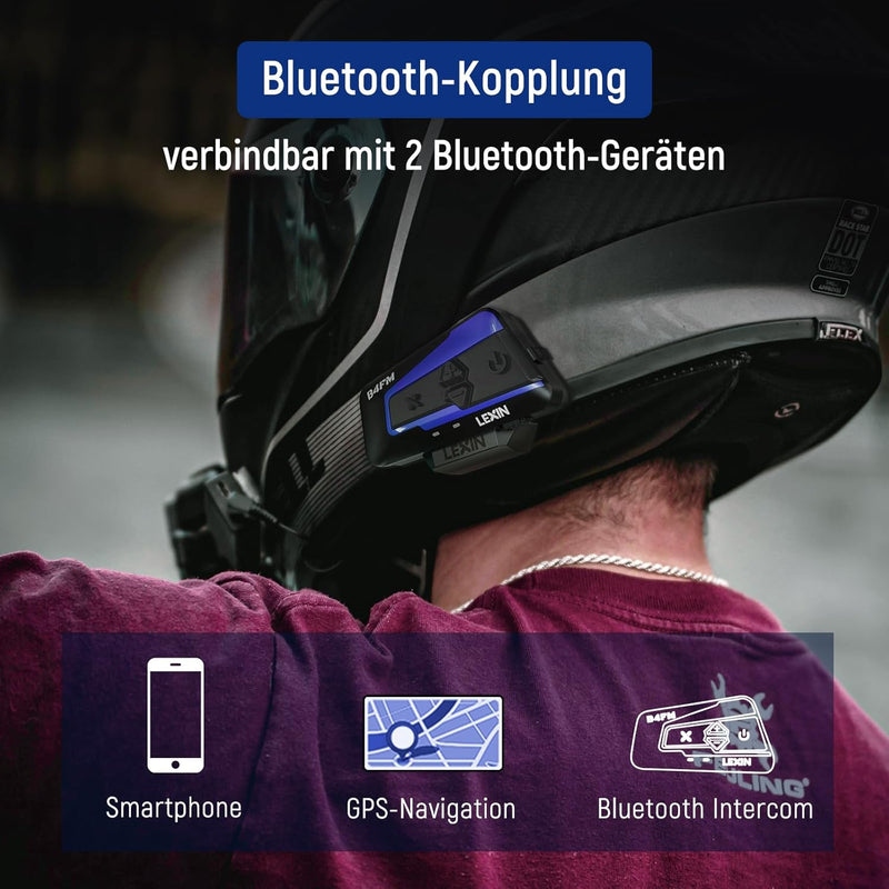 LEXIN B4FM Motorrad Intercom, Helm Headset für bis zu 10 Motorräder mit Reichweite von 2000m, DSP un