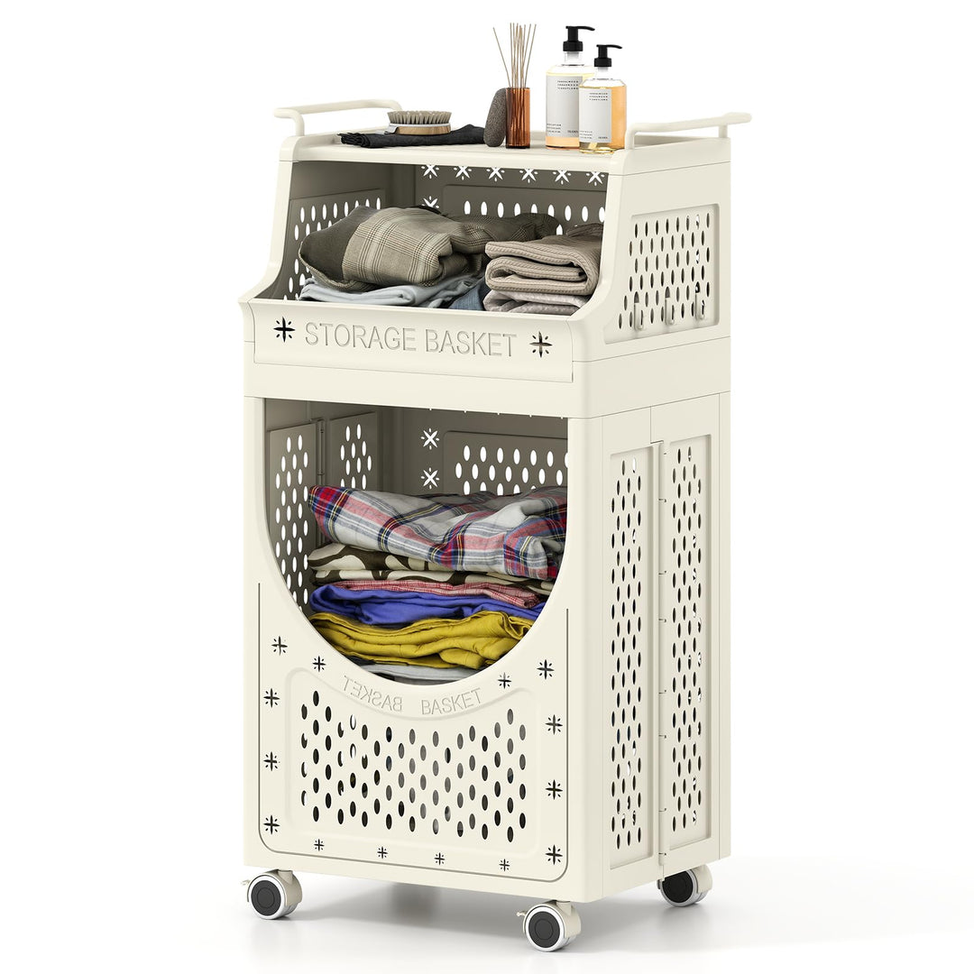 LIFEZEAL Wäschekorb auf Rädern, Faltbarer Wäschesammler mit 6/8 Haken &amp; 3/4 Ebenen, Mobile Wäschebox