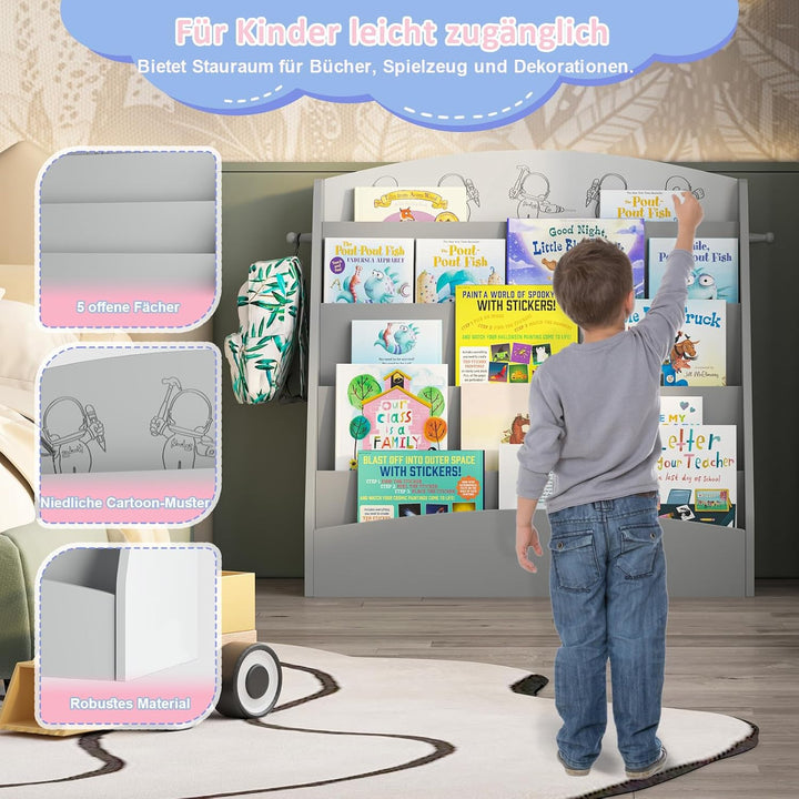 KEEPREAPER Kinder Bücherregal mit 5 offenen Fächern und Haken, Kinderregal Holz, Montessori Aufbewah