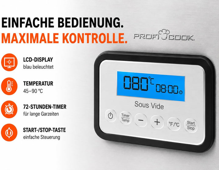 ProfiCook SV-1112 PC-SV 1112 Sous Vide Garer, punktgenaues Garen der Speisen durch elektronische Tem