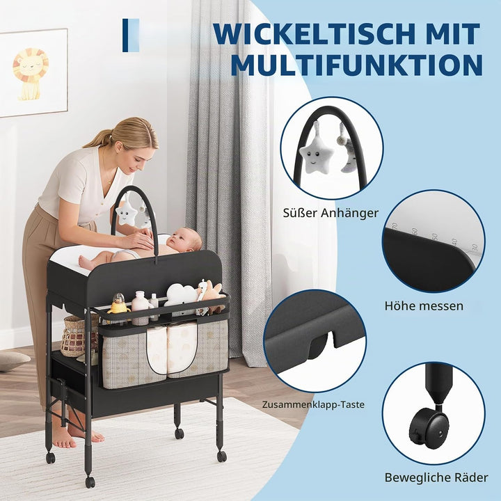 Höhenverstellbarer Wickeltisch Klappbar, Mobiler Wickeltisch Mit Rädern &amp; 2 Schubladen, Wasserdichte
