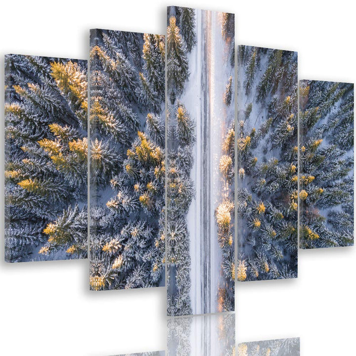 Feeby Wanddeko XXL Landschaft Leinwandbild 5 Teilig Winter Wald Bäume Weg bunt 100x70 cm Leinwandbil
