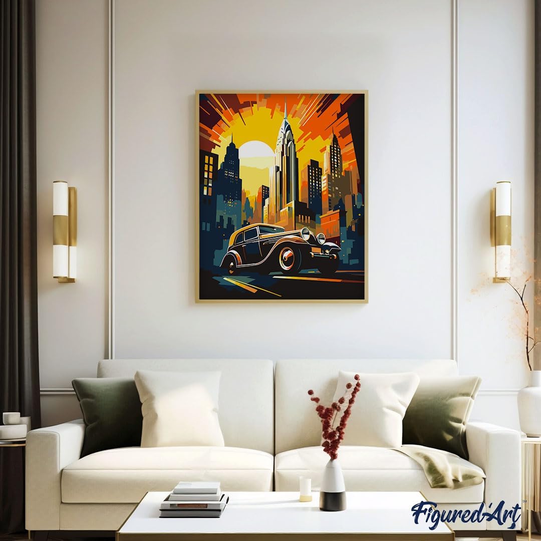 Figured'Art Malen Nach Zahlen Erwachsene Mit Rahmen Art-Deco-Auto in New York - Paint by Numbers Bas
